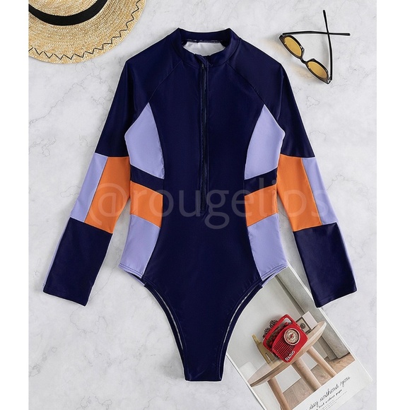 Colorblock Navy, Light Blue and Orange One Piece Swimsuit Zipper Long Sleeve - Picture 5 of 10
